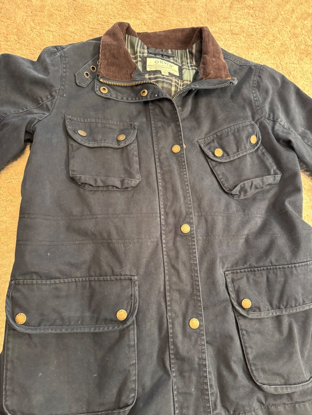 Orvis Womens M Barn Field Jacket Navy Corduroy Collar Plaid Lined Chore Coat - Picture 2 of 6